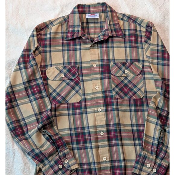 Saturdays Vintage 80s Men's Classic Brown Plaid Button Up Flannel Shirt Medium - Picture 1 of 9